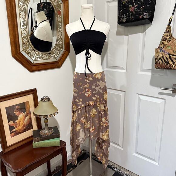 Stefanel Light Brown & Yellow Floral Silk Ruffle Tiered Asymmetrical Fairy Skirt - Picture 2 of 7